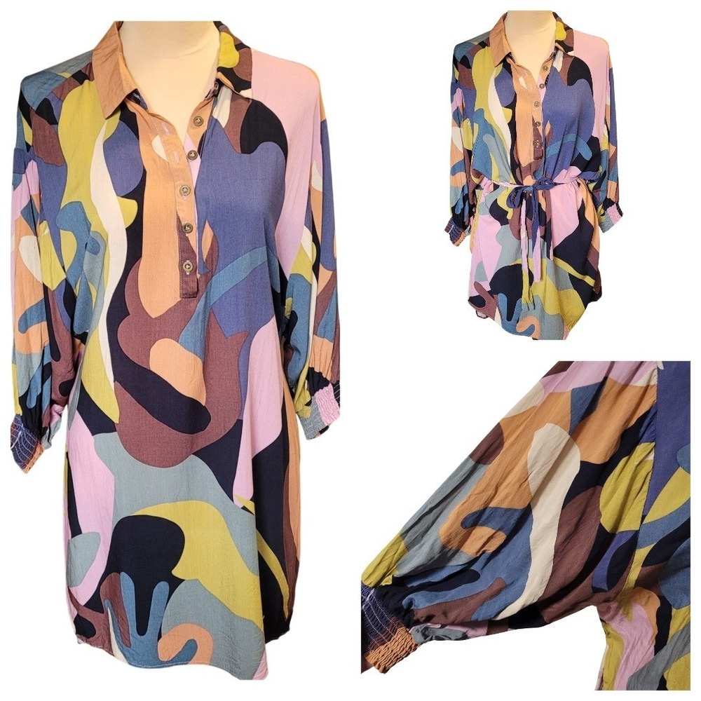 Zingara Abstract Print Tunic Dress Balloon Sleeve M Beach to Bar Resortwear Luxe